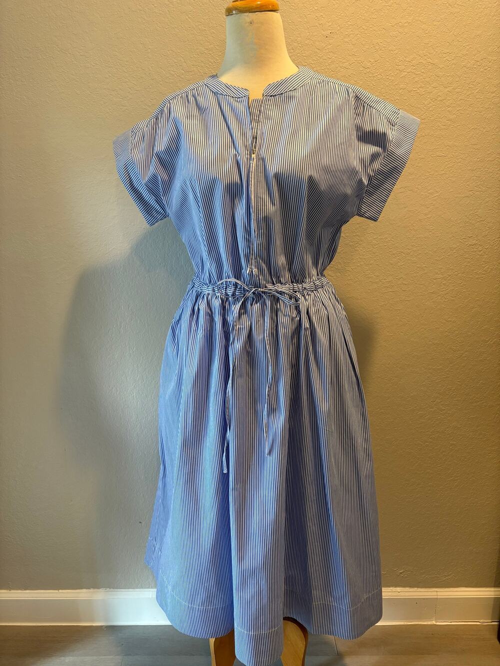 FREE ASSEMBLY Women’s Blue Striped Dress Midi A-Line Sz S 100% Cotton w/Pockets
